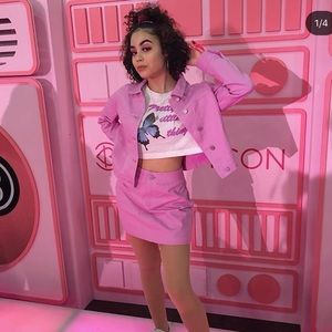 pink denim jacket and skirt two piece